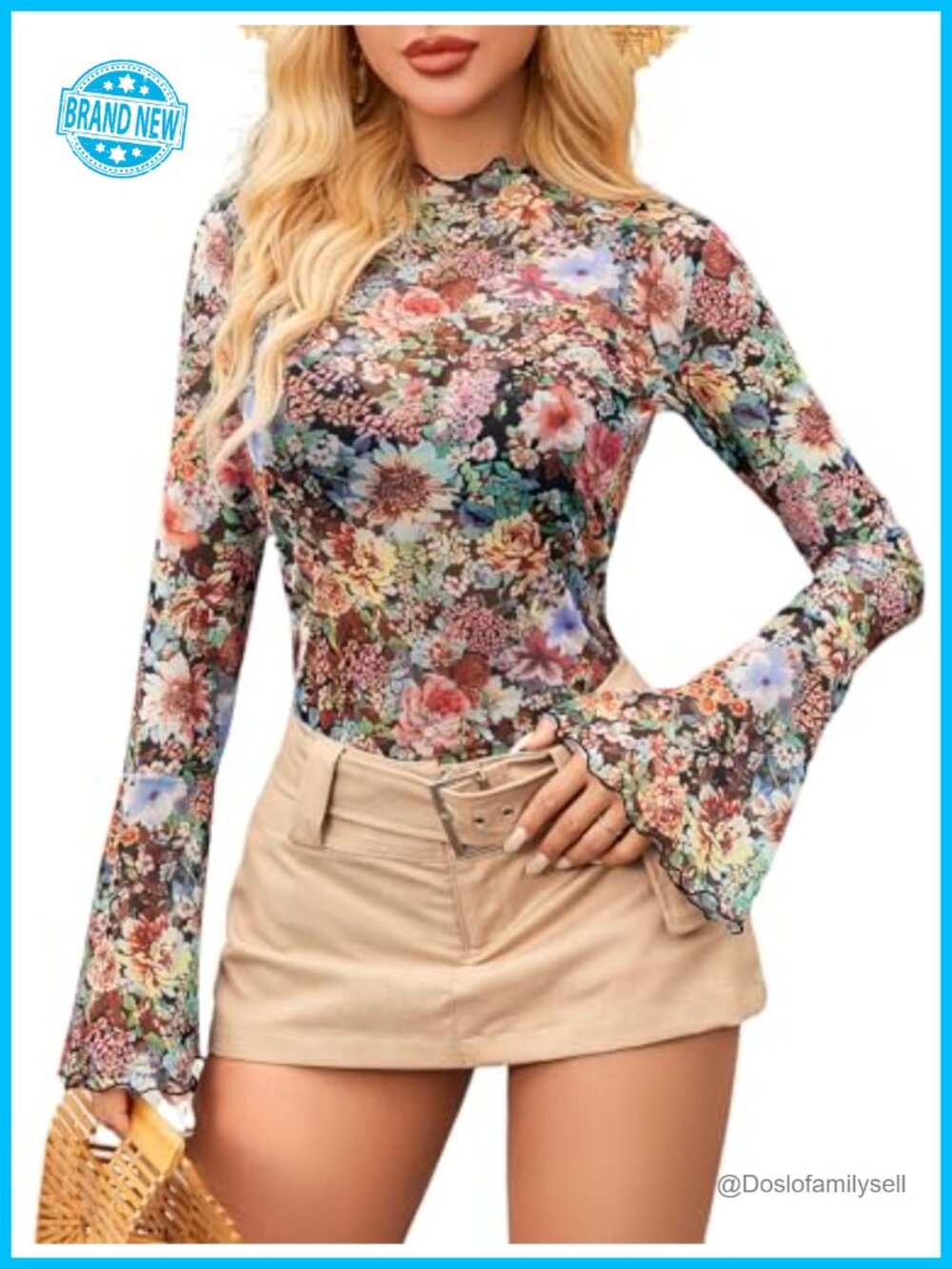 Women's Mesh Bell Sleeve Blouse with Mock Neck & Peplum Hem